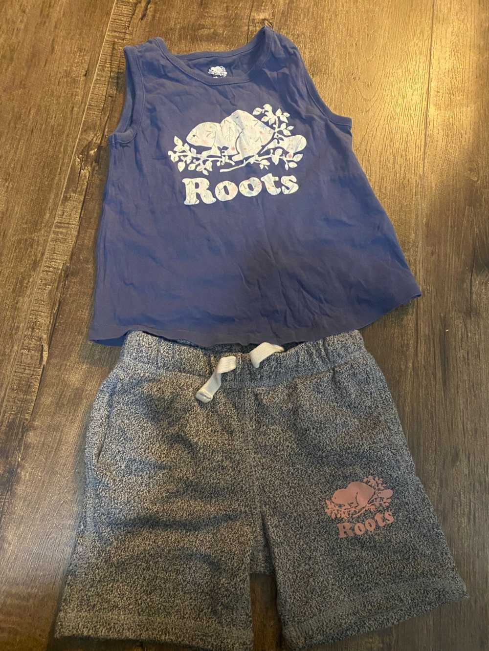 Roots Kids Blue Tank Top & Gray Sweat Shorts Set with Pink Logo